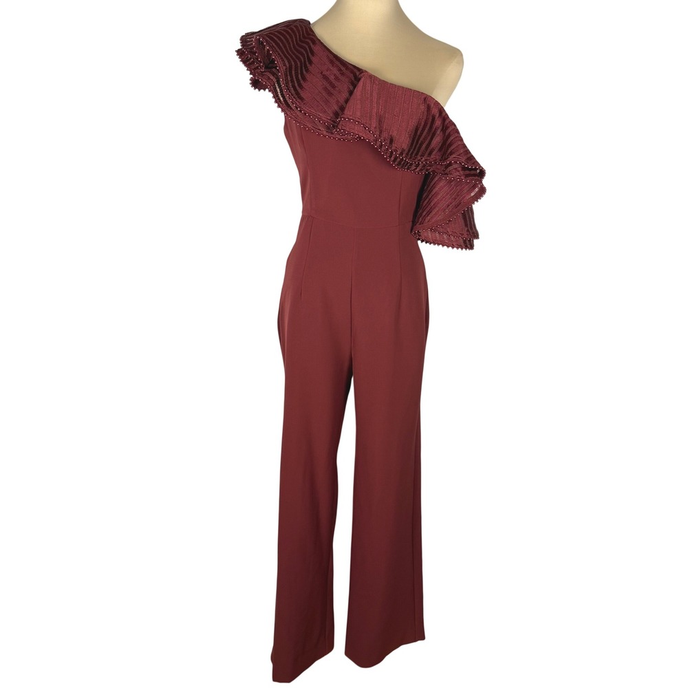 X by NBD Burgundy One Shoulder Ruffle Jumpsuit Estimated Sz XS Evening Pantsuit